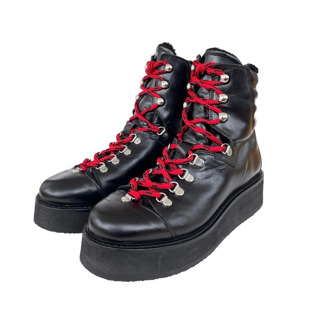 ALLSAINTS Fae Lace-Up Winter Hiker Boots, Black Leather, Red Laces, Wedge, EU 38